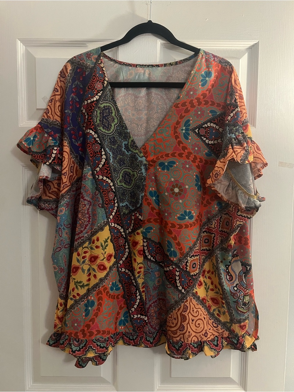 Women's V-Neck Ruffle Sleeve Patchwork Blouse - Orange Multi